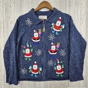 Vintage Tiara International Christmas Collection‎ Santa Zip Cardigan XL Blue